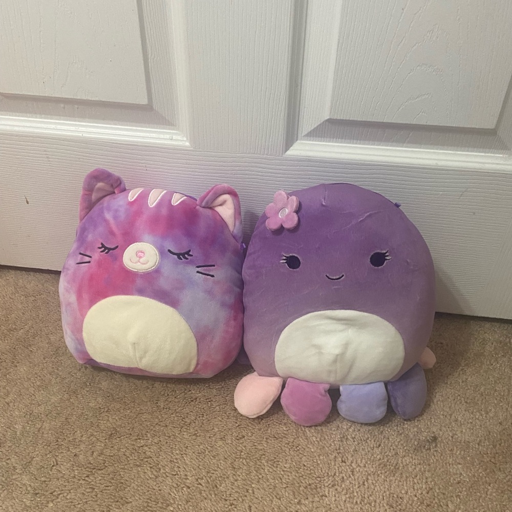 Purple cat and purple octopus squishmallow